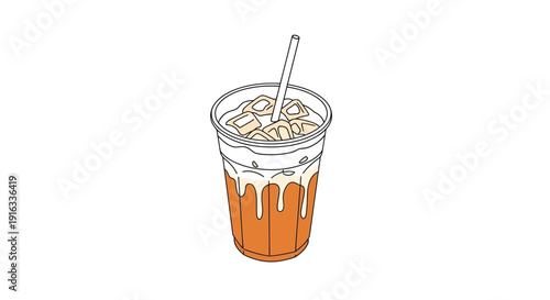Refreshing Thai Iced Tea in a Clear Plastic Cup with Straw and Ice Cubes