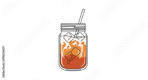 Refreshing Thai Iced Tea in Mason Jar with Ice and Straw, Vector Illustration