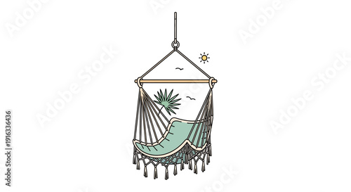 Relaxing Hammock Chair Hanging Outdoors with Palm Leaf and Sun
