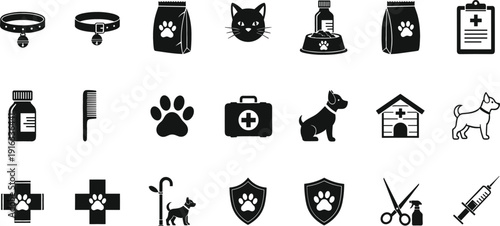 Pet care and veterinary icon set featuring grooming tools medical symbols dog accessories and animal supplies
