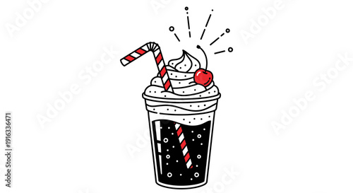 Retro Soda Drink with Cherry and Straw - Vintage Style Illustration