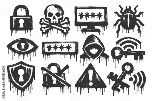 Cybersecurity symbols set: lock, skull, computer, bug, eye, key, shield, alert.