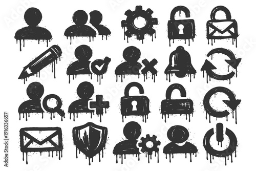 Dripping paint styled icons of security, user profiles, and settings.