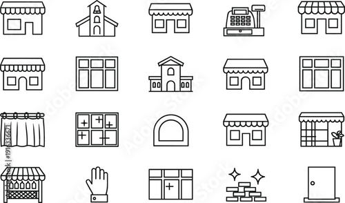 Storefront and retail building icon set featuring shop windows market stalls and commercial facades