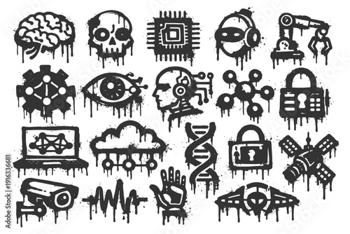 Dripping graffiti icons: brain, skull, circuit board, cybersecurity elements.
