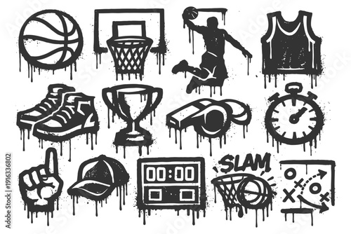 Basketball icons set: silhouette graphics of hoop, player, jersey, and equipment.