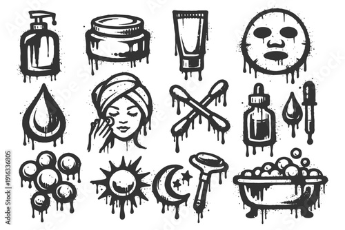 Dripping skincare icons set with woman, beauty products, and spa elements.
