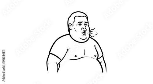 Overweight Man Exhaling Heavily, Cartoon Style