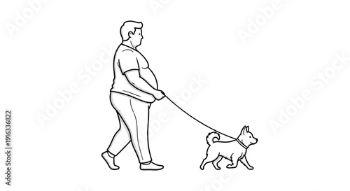 Overweight Man Walking Dog on Leash in Simple Line Art Style