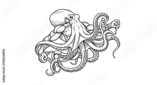 Muscular Octopus with Human Arms, Funny Hybrid Creature, Gym Workout