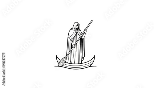 Mysterious Figure in Boat with Oar, Ancient Symbolism, Journey, Passage