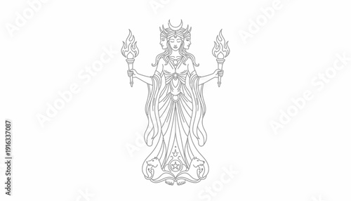 Mystical Goddess Hecate with Three Faces Holding Torches, Crescent Moon Crown, Pentagram