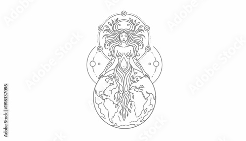 Mystical Goddess Mother Earth with Celestial Symbols and Lunar Phases