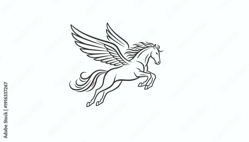 Obraz premium Mythical Pegasus Horse Flying with Wings, Line Art Illustration