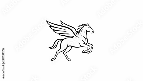 Mythical Pegasus Horse Flying with Wings, Line Art Illustration on White Background