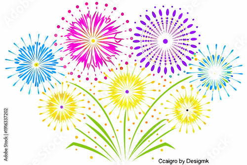 Colorful fireworks display with vibrant blooms and sparkling trails