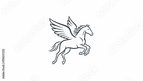 Mythical Pegasus Horse Flying with Wings, Line Art Illustration