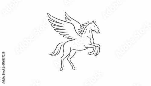 Mythical Pegasus Horse Flying with Wings, Line Art Illustration, Fantasy Creature