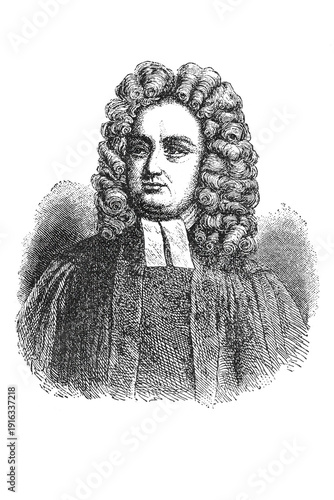 Фотография Jonathan Swift, Anglo-Irish satirist and author, portrait in period attire with wig, facing three-quarters view, old vintage illustration, 1895