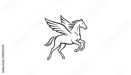 Mythical Pegasus Horse Flying with Wings, Outline Drawing