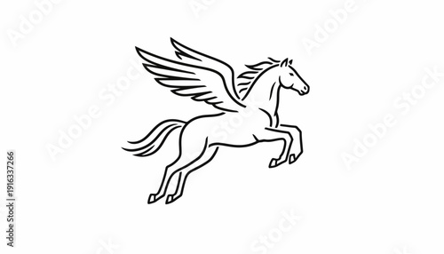Mythical Pegasus Horse Flying, Winged Creature, Black and White Line Art