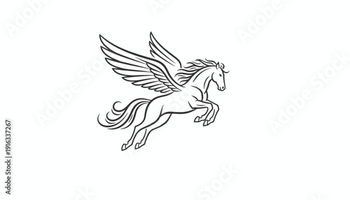 Mythical Pegasus Horse Flying with Wings, Line Art Illustration