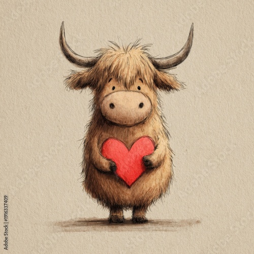 a cute highland cow holding a red heart