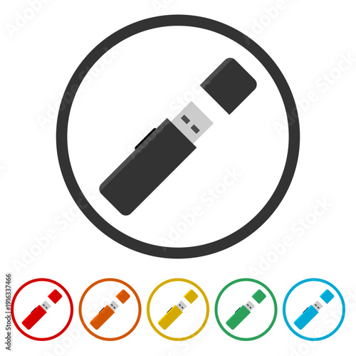 USB flash drive icon computer device. Set icons in color circle buttons