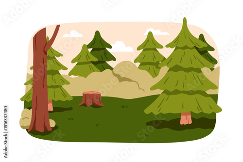 Nature landscape. Coniferous forest clearing scenery. Fir, spruce trees, grass in woodland. Conifer countryside, sky and clouds. Flat vector illustration isolated on white background