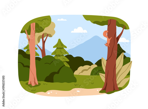 Forest nature landscape. Summer woodland scenery with trees, squirrel on trun...