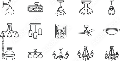 Ceiling light and chandelier icon set featuring modern lamps fixtures and home lighting designs