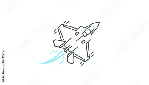 Modern Fighter Jet Icon Flying Fast, Speeding Up, Military Aircraft Line Art