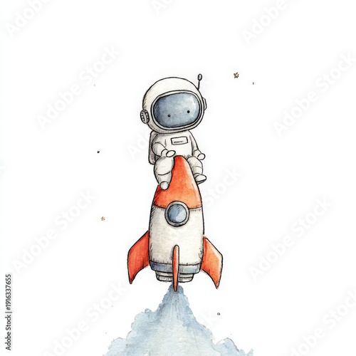 cute watercolor of an astronaut riding a small rocket