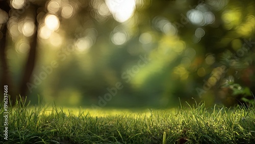 Soft focus green grass and blurred trees with sunlight in park