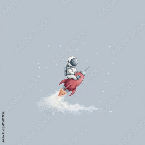 cute watercolor of an astronaut riding a small rocket