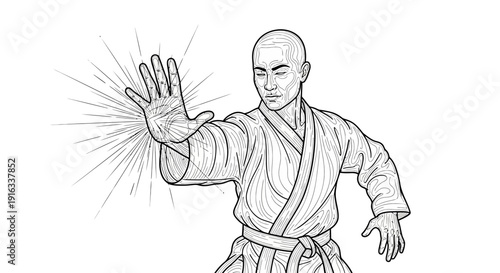 Martial Arts Master Performing Defensive Stance with Energy Burst