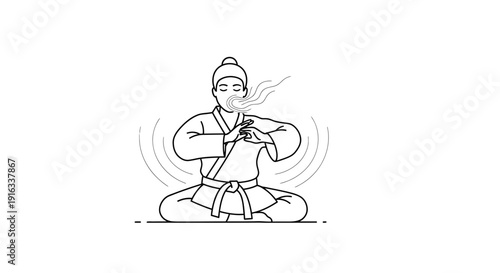 Martial Arts Master Meditating, Practicing Zen Breathing and Focus