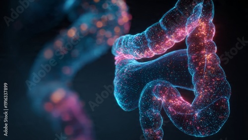 Digital representation of human large intestine, glowing with blue and pink light, against a dark, out-of-focus background