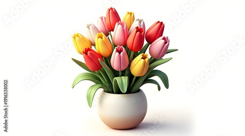 A vibrant bouquet of tulips in a ceramic vase, showcasing a mix of red, yellow, and pink flowers against a soft background.