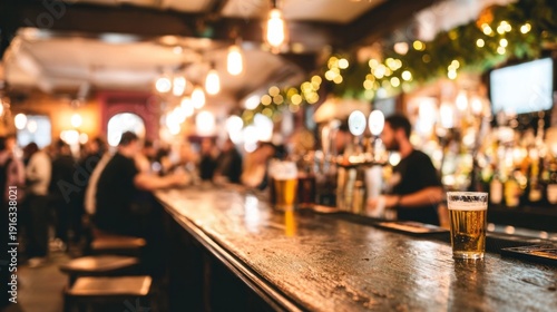 Wallpaper Mural Pint of beer on a wooden counter, creating a cozy atmosphere in a busy pub setting with blurred people socializing in the background. Blurred Torontodigital.ca