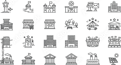 City buildings and public architecture icon set featuring airport hospital stadium bank and factory