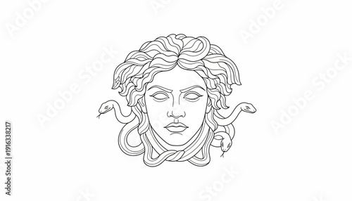 Medusa Head Illustration, Gorgon Monster with Snake Hair, Ancient Greek Mythology