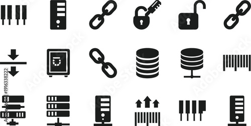 Data security and server storage icon set featuring database locks chains and backup symbols