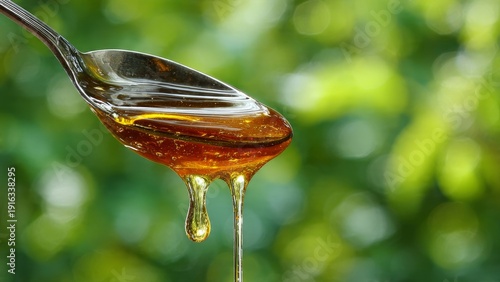Golden organic honey dripping from metal spoon over blurred natural green garden background