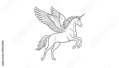 Majestic Winged Unicorn Illustration: Mythical Pegasus Horse with Horn and Wings