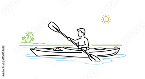 Man kayaking on tropical island waters under sunny sky, line art illustration