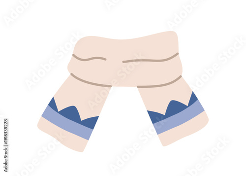 Woolen scarf, neck clothing accessory for cold weather. Cozy warm neckwear wrapped around. Soft wool wrap for winter, seasonal apparel. Flat vector illustration isolated on white background