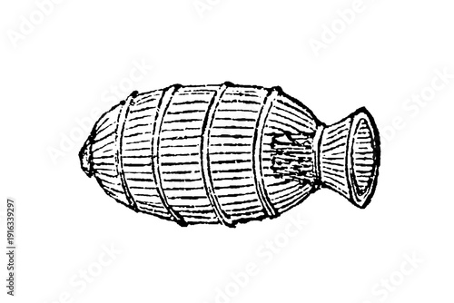Wicker fish trap or creel, woven basketry object with intricate linear patterns, bulbous structure, and narrow neck, old vintage illustration, 1897.