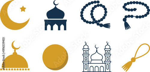Islamic religious symbols icons set with mosque, crescent moon, star, tasbih beads, Ramadan vector illustration collection