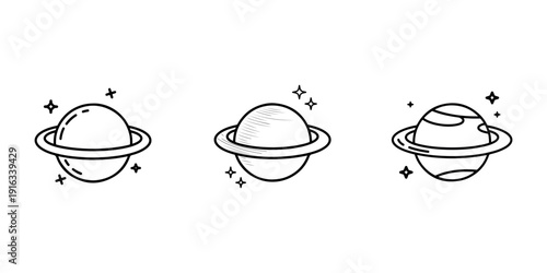 Saturn planet icon collection showing three variations of celestial body with rings and stars in minimalist line art style for space exploration themes
